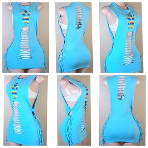 PLAYBOY Blue Custom Fringe Cutout Tank Top